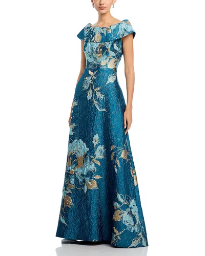 Teri Jon By Rickie Freeman Off-the-shoulder Metallic Floral Jacquard Gown In Blue