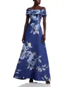 Teri Jon By Rickie Freeman Off-the-shoulder Metallic Floral Jacquard Gown In Blue Multi