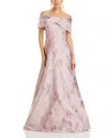 Teri Jon By Rickie Freeman Off The Shoulder Metallic Jacquard Gown In Mauve Multi