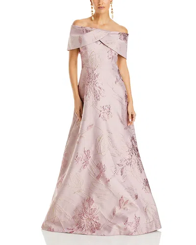 Teri Jon By Rickie Freeman Off The Shoulder Metallic Jacquard Gown In Mauve Multi