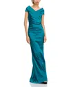 Teri Jon By Rickie Freeman Off-the-shoulder Ruched Satin Gown In Green