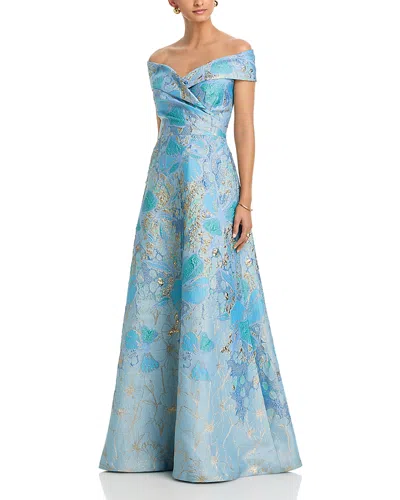 Teri Jon By Rickie Freeman Off-the-shoulder Portrait Side Drape A Line Skirt Gown In Metallic