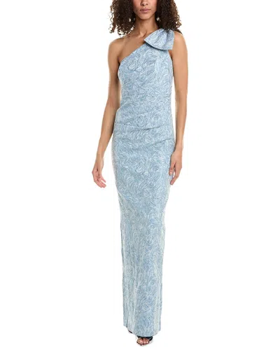 Teri Jon By Rickie Freeman One-shoulder Bow Abstract Print Jacquard Gown In Blue