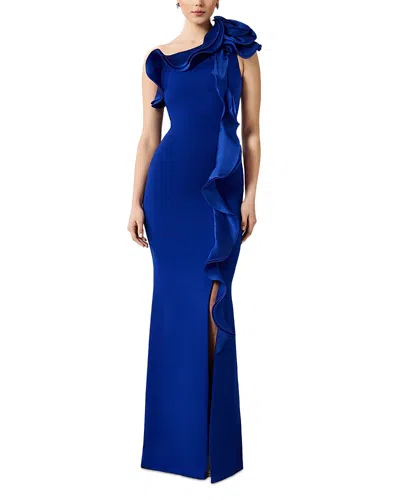 Teri Jon By Rickie Freeman One Shoulder Crepe Column Gown In Blue