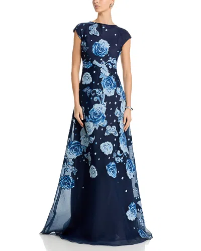 Teri Jon By Rickie Freeman Organza Jacquard Diagonal Seam Gown In Blue