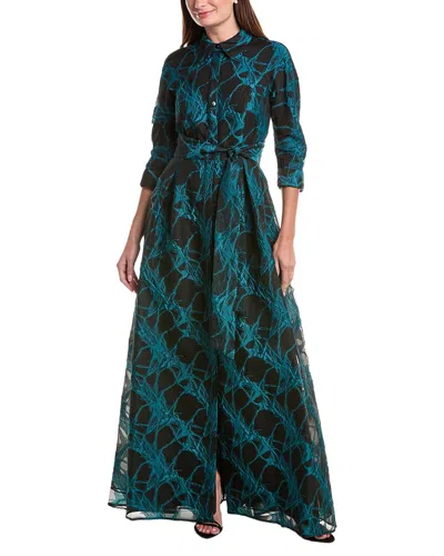 Teri Jon By Rickie Freeman Organza Web Pattern Shirt Gown In Black