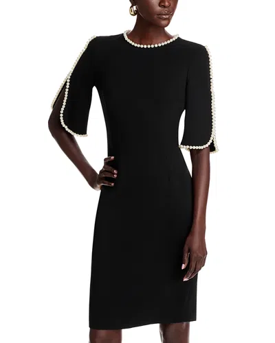 Teri Jon Short Sleeve Pearl Trim Crepe Sheath Dress In Black With Pearl Trim