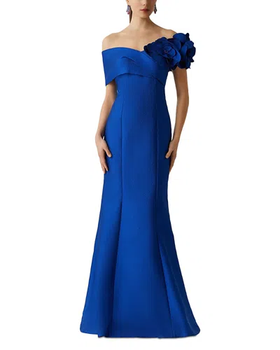 Teri Jon By Rickie Freeman Pebble Jacquard 3d Flower Gown In Blue