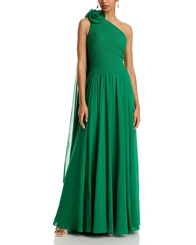 Teri Jon By Rickie Freeman Pleat Chiffon Flower Gown In Kelly Green