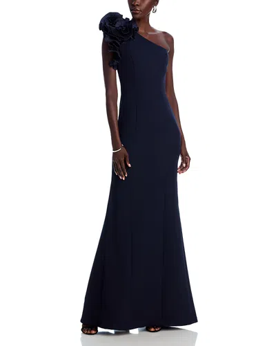 Teri Jon By Rickie Freeman Pleated Ruffle Evening Gown In Navy