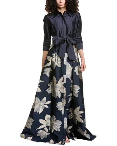 Teri Jon By Rickie Freeman Shirtwaist Floral Jacquard Gown In Navy Multi