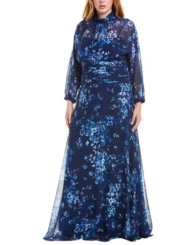 Teri Jon By Rickie Freeman Plus Ruched Chiffon Gown In Blue