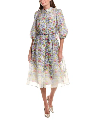 Teri Jon By Rickie Freeman Print 3/4-sleeve Silk & Linen-blend Shirtdress In Multi