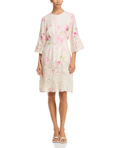 Teri Jon By Rickie Freeman Printed Linen Floral Applique Dress