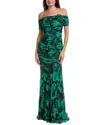Teri Jon By Rickie Freeman Printed Silk Maxi Dress In Green
