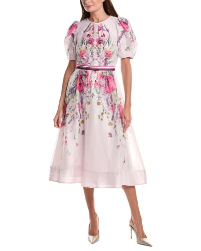 Teri Jon By Rickie Freeman Puff Sleeve Placement Print Silk & Linen-blend Midi  Dress In Pink