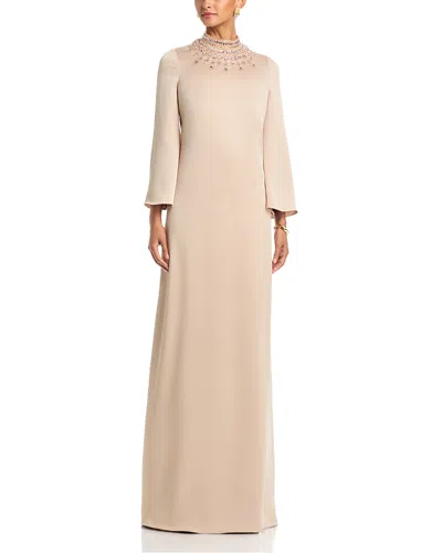 Teri Jon By Rickie Freeman Repe Back Satin Bead Collare Flare Sleeve Gown In Gold