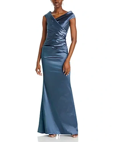 Teri Jon By Rickie Freeman Ruched Cape Neck Gown In Slate