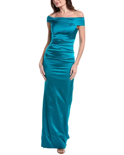 Teri Jon By Rickie Freeman Satin Ruched Asymmetrical Off Shoulder Gown In Blue