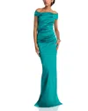 Teri Jon By Rickie Freeman Satin Ruched Gown In Blue