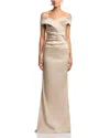 Teri Jon By Rickie Freeman Satin Stretch Off The Shoulder Gown In Neutral