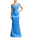 Teri Jon By Rickie Freeman Satin Stretch Off The Shoulder Gown In Blue