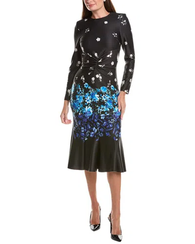 Teri Jon By Rickie Freeman Scuba Floral Ruched Midi Dress In Black