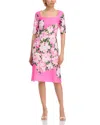 Teri Jon By Rickie Freeman Scuba Square Neck Flower Print Dress In Pink