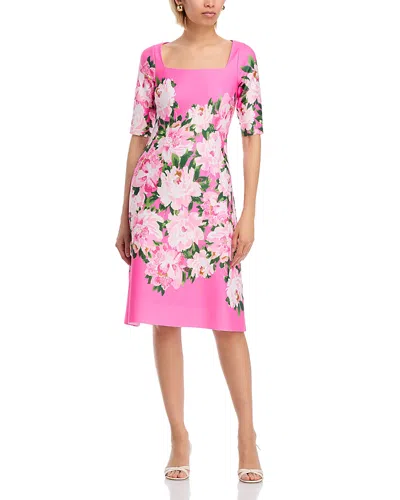 Teri Jon By Rickie Freeman Scuba Square Neck Flower Print Dress In Pink