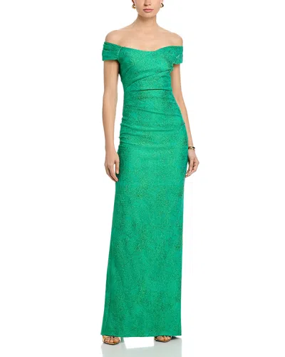 Teri Jon By Rickie Freeman Shimmer Jacquard Off Shoulder Ruched Gown In Green
