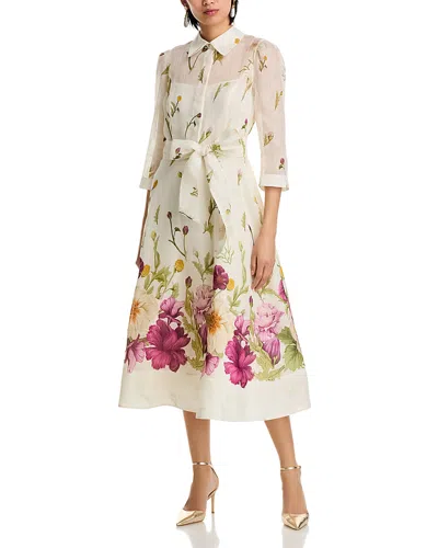 Teri Jon By Rickie Freeman Silk And Linen Flower Border Print Shirt Waist Dress In Ivory Multi