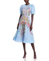 Teri Jon By Rickie Freeman Silk Linen Floral Puff Sleeve Dress In Pale Blue Multi