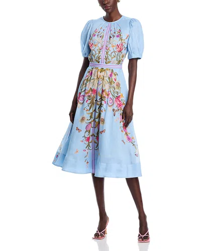 Teri Jon By Rickie Freeman Silk Linen Floral Puff Sleeve Dress In Pale Blue Multi