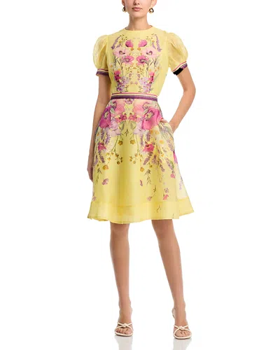 Teri Jon By Rickie Freeman Silken Linen Short Sleeve Placed Floral Print Dress In Yellow