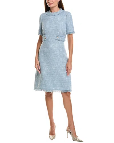 Teri Jon By Rickie Freeman Sparkle Tweed Fringe Trim A-line Dress In Blue