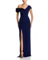 Teri Jon By Rickie Freeman Stretch Crepe 3d Flower Asymmetric Neck Gown In Blue