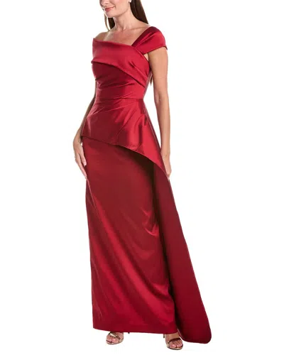 Teri Jon By Rickie Freeman Stretch Gazar Asymmetrical Neck Ruched Peplum Gown In Red