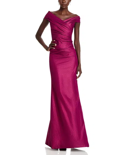 Teri Jon By Rickie Freeman Stretch Metallic Off-the-shoulder Gown In Berry