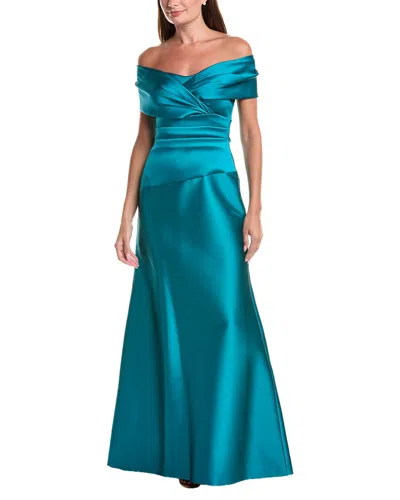 Teri Jon By Rickie Freeman Stretch Mikado Off-shoulder Ruched Waist Dress In Blue