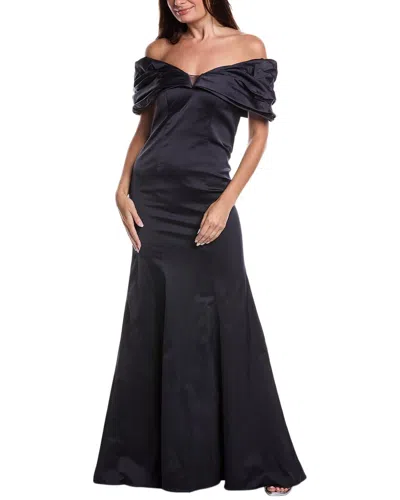 Teri Jon By Rickie Freeman Stretch Satin Off-shoulder Gown In Black