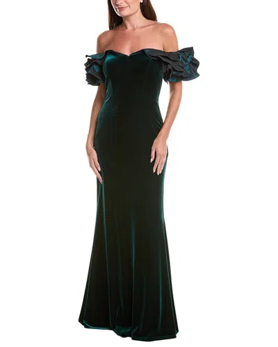 Teri Jon By Rickie Freeman Stretch Velvet Scrunch Taffeta Off-shoulder Maxi  Dress In Green