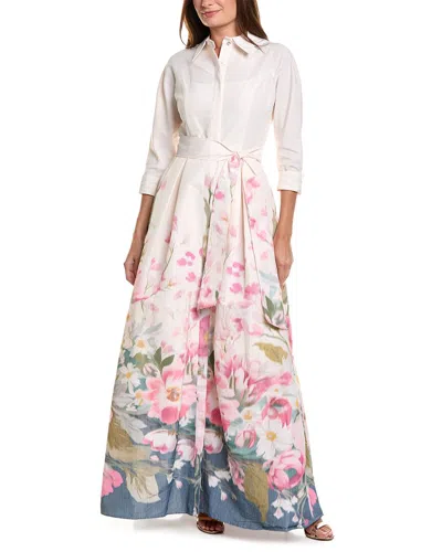 Teri Jon By Rickie Freeman Taffeta Digital Placement Print Shirt Gown In White