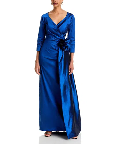 Teri Jon By Rickie Freeman Taffeta Floral Applique Draped Gown In Blue