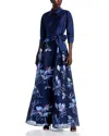 Teri Jon By Rickie Freeman Taffeta Floral Organza Gown In Navy Multi