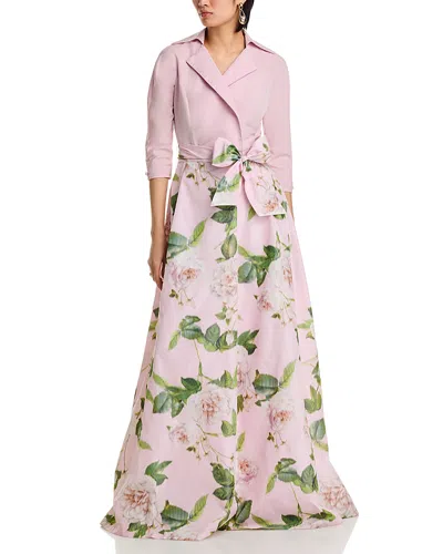 Teri Jon By Rickie Freeman Taffeta Floral Print Shirt Dress Gown In Blush Multi