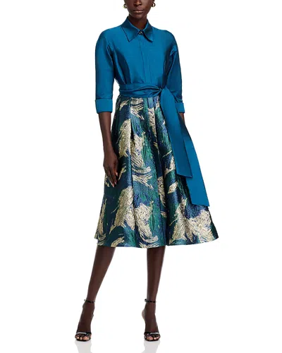 Teri Jon By Rickie Freeman Taffeta Jacquard Shirt Dress In Blue