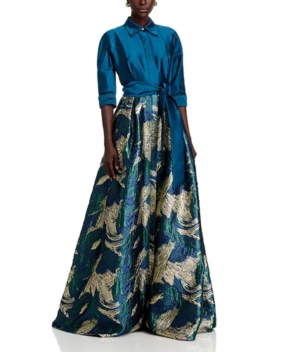 Teri Jon By Rickie Freeman Taffeta Jacquard Shirt Gown In Multi