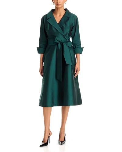 Teri Jon By Rickie Freeman Taffeta Knotch Collar Belted Shirt Dress In Green