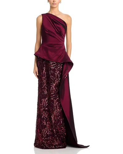 Teri Jon By Rickie Freeman Taffeta Sequin One Shoulder Gown In Burgundy