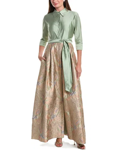 Teri Jon By Rickie Freeman Taffeta Shirt Waist Jacquard Skirt Gown In Multi